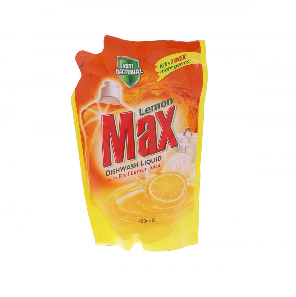 LEMON MAX DISHWASH LIQUID ANTIBACTERIAL POUCH 450 ML