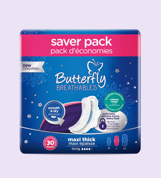 BUTTERFLY BREATHABLE MAXI THICK FABRIC SOFT SANITARY PADS LONG TRIO PACK 30 Pcs