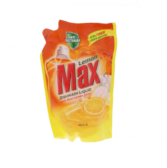 LEMON MAX DISHWASH LIQUID ANTIBACTERIAL POUCH 450 ML